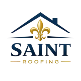Saint Roofing logo with a blue roof outline, gold fleur-de-lis centerpiece, and 'SAINT ROOFING' text in blue/gold.