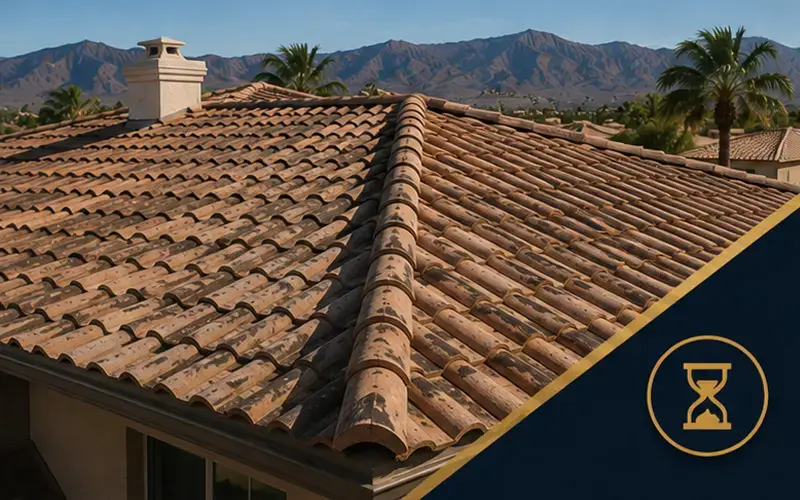 Terracotta tiled roof with a chimney, set against distant mountains and palm trees under a clear sky.