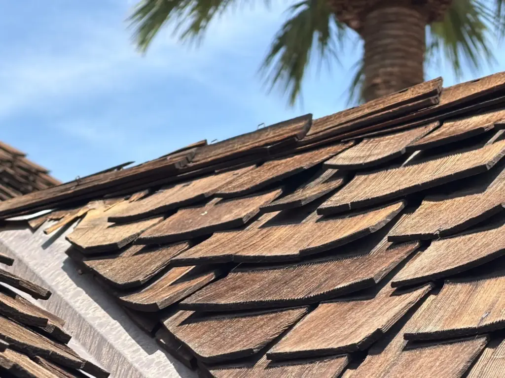 Close-up of worn wooden roof shingles on a sloped roof with a palm tree and blue sky in the background
