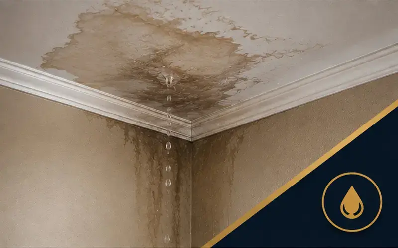 Water leaks from a ceiling corner, forming a large brown stain on the ceiling and wall with dripping droplets.