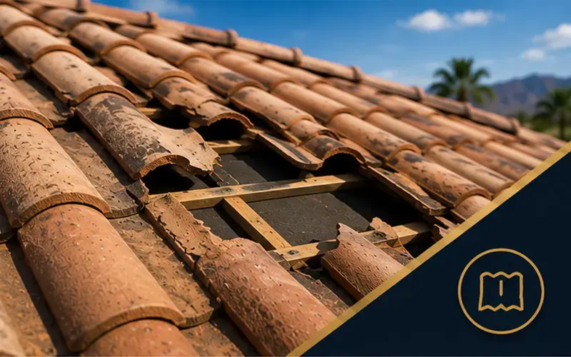 Broken terracotta roof tiles with exposed wooden rafters, indicating ongoing roof repair under a blue sky.