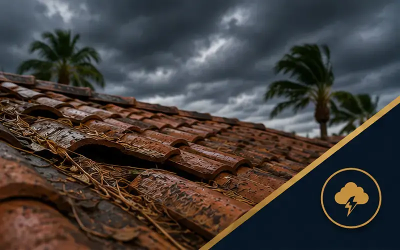 Stormy sky over a clay tile roof with palm trees; blue overlay shows a storm-warning cloud-and-lightning icon in the corner.